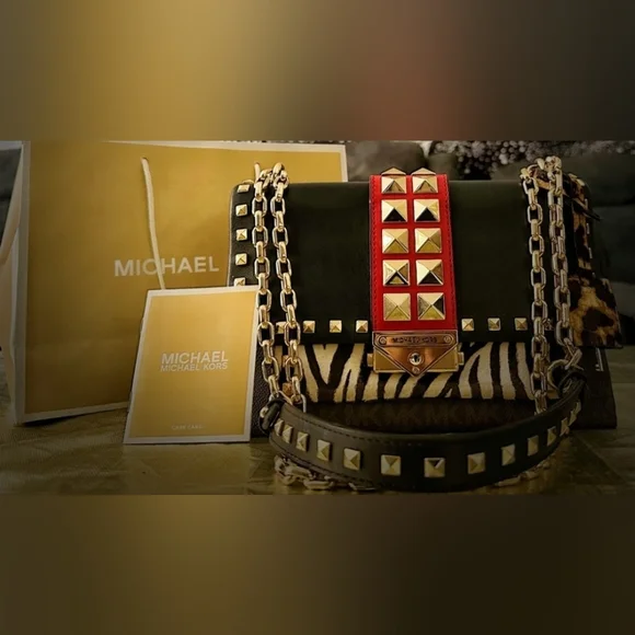 Michael Kors Cece Medium Logo Mixed-Media Convertible Black & Red Studded Bag - Picture 5 of 15